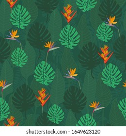 
Tropical flowers on leaves seamless pattern