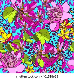Tropical flowers on a leopard print vector seamless pattern. Hand drown animal spots with chevron effect.