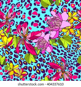 Tropical flowers on a leopard print vector seamless pattern. Hand drown animal spots with chevron effect.