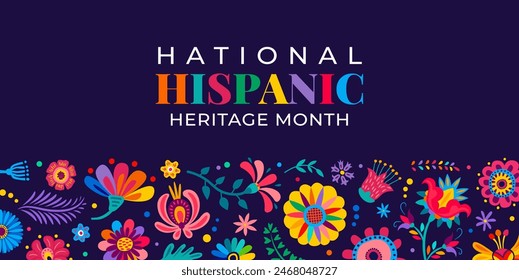 Tropical flowers on national Hispanic heritage month banner, Latin America holiday vector background. Hispanic Americans culture festival of tradition and art with ethnic floral pattern ornament