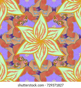 Tropical flowers. Flowers on orange, green and violet colors. Shirt seamless Background Pattern.