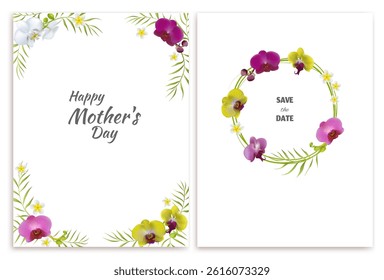 Tropical flowers. Orchids. Mother's Day, Congratulations. Plumeria. Frangipani. Beautiful floral pattern on a white background. Postcard. Green palm leaves.