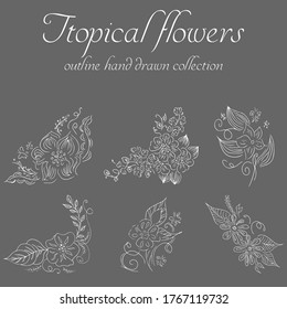 Tropical flowers. Outline hand drawn bundle. Outline vector collection for decorative design. Doodle line graphic design. Hand drawn vector set. Exotic flowers. Freehand illustration set
