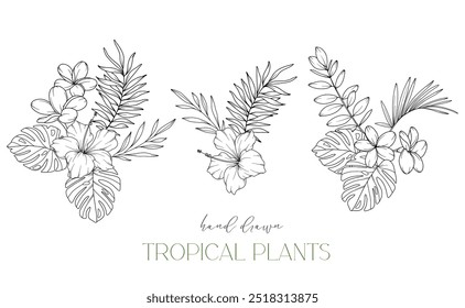 Esquema de Flores Tropicales. Arte de línea Plantas tropicales. Floral Line Art. Página para colorear de flores. Ilustración de Fine Line Tropical Greenery. Flores dibujadas a mano. Flores de invitación de Boda tropical