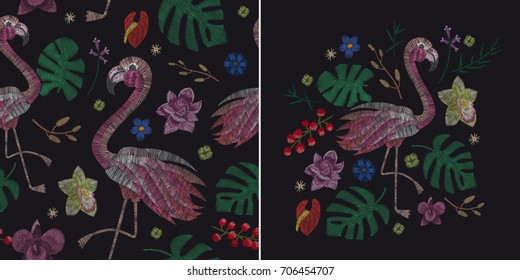 Tropical flowers, palm and flamingo. Traditional stylish flowery embroidery stitch on a black background. Sketch for printing on fabric, clothing, bag, accessories and design. Vector, trend