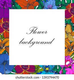tropical flowers and palm leaves background ,frame,leaves,vector,hand drawing ,color isolated on white