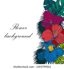 tropical flowers and palm leaves background ,frame,leaves,vector,hand drawing ,color isolated on white