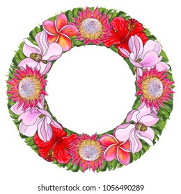 Tropical flowers and palm leaves in floral composition in form of circle isolated on white background in sketch style. Hand drawn natural frame with exotic blooms and copy space. Vector illustration.