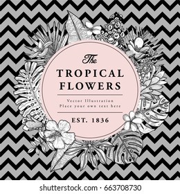 Tropical flowers with palm leaves for floral decorations. Engraved vintage graphic style botanical illustration. Detailed vector elements for floral placards, posters, banners, flyers or invitations.