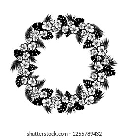 Tropical flowers and palm leaves. Frame circle. Black silhouette on white background. Isolation. Vector