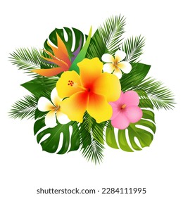 Tropical Flowers And Palm Leaves Frame Isolated White Background With Gradient Mesh, Vector Illustration