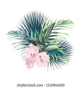 Tropical flowers, palm leaves, jungle leaf, pink rhododendron flower. Vector exotic illustrations, floral elements isolated, Hawaiian bouquet for greeting card, wedding, wallpaper