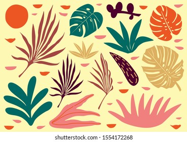 Tropical flowers, palm leaves, jungle, hibiscus. Vector exotic floral illustration. Hawaiian bouquet for greeting card, wedding, Wallpaper. Set of abstract tropical leaves. Monstera