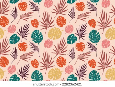 Tropical flowers, palm leaves, jungle, hibiscus. Vector exotic floral illustration. Hawaiian bouquet. Set of abstract tropical leaves. Monstera on pink background. Seamless tropical background