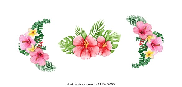 Tropical flowers, palm leaves, jungle leaf, bird of paradise flower, hibiscus. Vector exotic illustrations, floral elements isolated, Hawaiian bouquet for greeting card, wedding, wallpaper