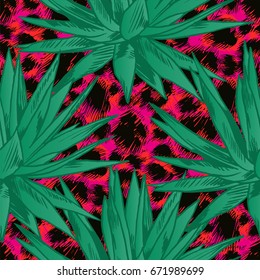 Tropical flowers, palm leaves, jungle , Beautiful seamless vector floral pattern with leopard skin background, exotic print