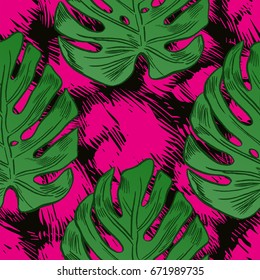 Tropical flowers, palm leaves, jungle , Beautiful seamless vector floral pattern with leopard skin background, exotic print
