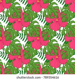 Tropical flowers, palm leaves, jungle plants, orchid, bird of paradise flower, pink seamless vector floral pattern background, exotic botanical wallpaper, vintage boho style