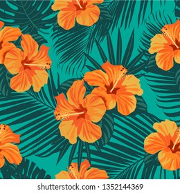 Tropical flowers and palm leaves on background. Seamless. Vector pattern.