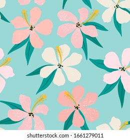 Tropical flowers and palm leaves on background. Seamless. Vector pattern.