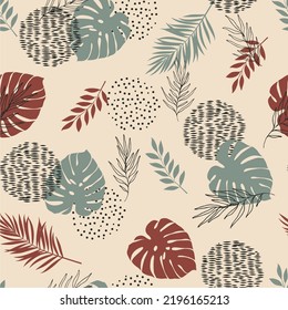 Tropical flowers and palm leaves on retro background. Seamless pattern. Vector pattern.