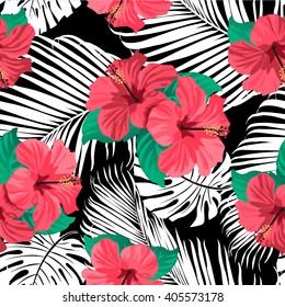 Tropical flowers and palm leaves on background. Seamless. Vector pattern.