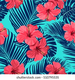 Tropical Flowers And Palm Leaves On Background. Seamless. Vector Pattern. 