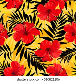 Tropical flowers and palm leaves on background. Seamless. Vector pattern. 