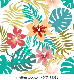 Tropical flowers and palm leaves on white background. Seamless botanical pattern with aloha motifs. Trendy design for textile, cards and invitations.