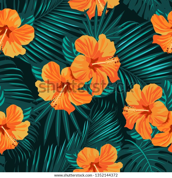 Tropical Flowers Palm Leaves On Background Stock Vector Royalty Free 1352144372 Shutterstock