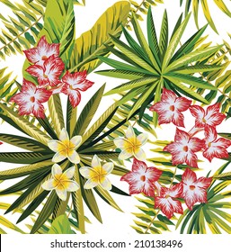 tropical flowers and palm leaves painting background