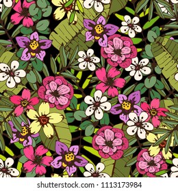 Tropical flowers, palm leaves seamless pattern. Floral background. Fabric design