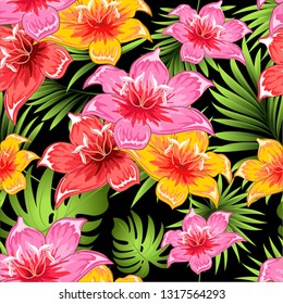 Tropical flowers with palm leaves. Seamless vector pattern.