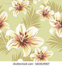 Tropical flowers with palm leaves. Seamless vector pattern.