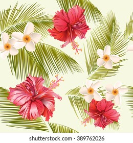 Tropical flowers and palm leaves seamless pattern.Design for cosmetics, spa salon, summer background. Best for fabric design, textile, wrapping paper, scrapbook, wallpaper . Vector illustration