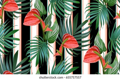 Tropical flowers and palm leaves seamless pattern. Floral Hawaiian background. Blooming elements. Botanical composition. Vector exotic plants.