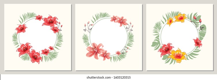 Tropical flowers with palm leaves. Trendy, congratulation or invitation card, flyers, template design with southern green plants. Set of posters, flyer brochures, covers, set of advertising, business 