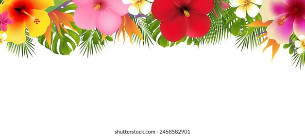 Tropical Flowers And Palm Tree Branch Frame With Gradient Mesh, Vector Illustration