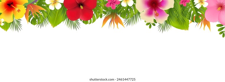 Flores Tropicales Y Marco De Rama De Palmera Con Malla De Degradado, Ilustración vectorial