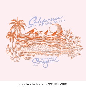 Tropical flowers, palm tree, sun Hand drawn vector Beach sketch with mountain, surfing beach vector landscape, panorama view with waves, sun and seagulls. Illustration of surf board in the sand