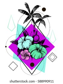 Tropical flowers and palm trees. Outline. Vector set