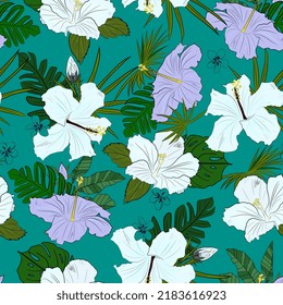 tropical flowers and palm trees seamless pattern. Floral background with exotic hibiscus flowers