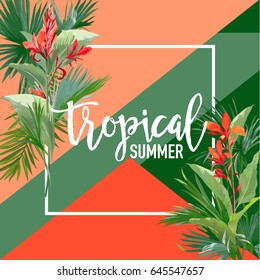 Tropical Flowers and Palms Summer Banner, Graphic Background, Exotic Floral Invitation, Flyer or Card. Modern Front Page in Vector