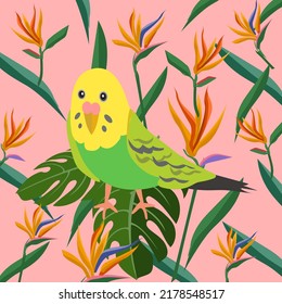 Tropical Flowers and Parrot Birds Seamless Background. Retro Summer Pattern.  tropic foliage, with monstera leaf, palm leaves, bird of paradise flower, hibiscus in bloom.