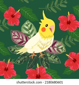 Tropical Flowers and Parrot Birds Seamless Background. Retro Summer Pattern.  tropic foliage, with monstera leaf, palm leaves, bird of paradise flower, hibiscus in bloom.