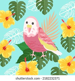 Tropical Flowers and Parrot Birds Seamless Background. Retro Summer Pattern.  tropic foliage, with monstera leaf, palm leaves, bird of paradise flower, hibiscus in bloom.