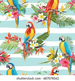 Tropical Flowers and Parrot Birds Seamless Background. Retro Summer Pattern in Vector