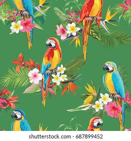 Tropical Flowers and Parrot Birds Seamless Background. Retro Summer Pattern in Vector