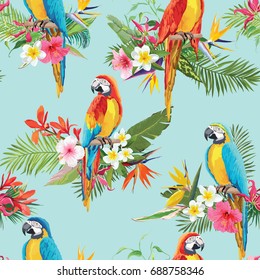 Flores tropicales y pájaros loro fondo sin problemas. Patrón de verano retro en el vector