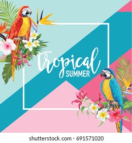 Pancarta de verano de Flores Tropicales y Aves Loro, Fondo Gráfico, Invitación Floral Exótica, Volante o Tarjeta. Primera página moderna en vector